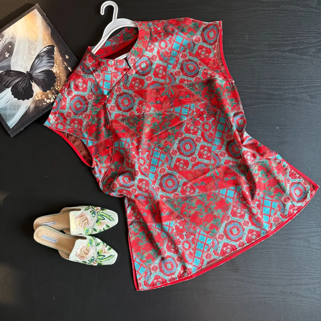 斜襟中长款薄款女款立领植物花卉上衣外搭夏季新中式