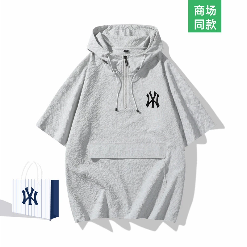 官方正品夏季新款潮流百搭泡泡纱连帽上衣男士复古纯色半拉链T恤