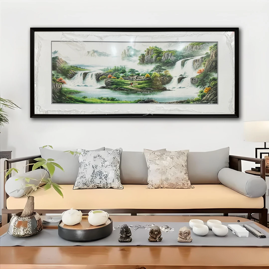 【聚宝盆】纯手工刺绣苏绣精品山水背景客厅画芯60*160cm