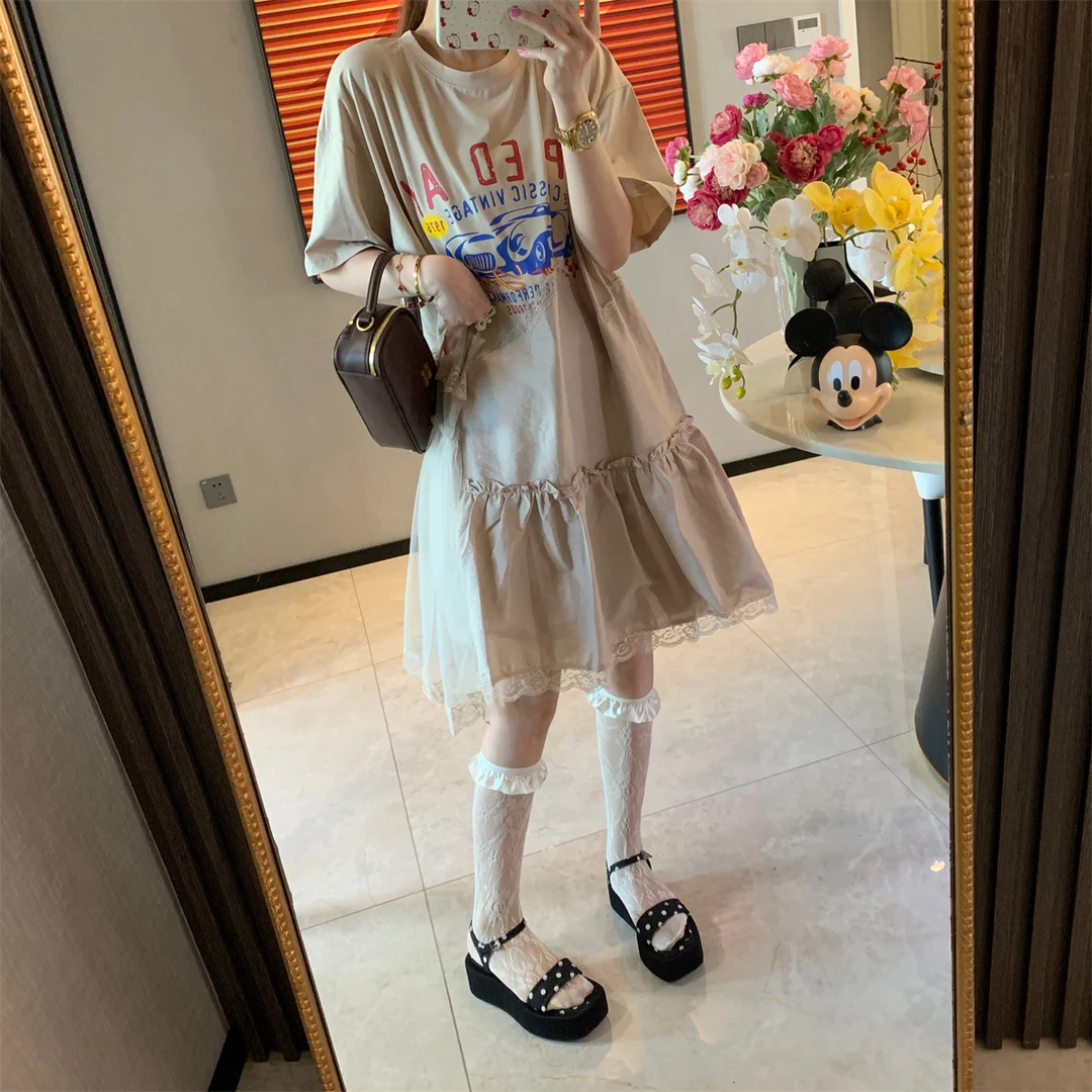 JENNIFER JXLIU 时髦卡其色汽车卡通印花宽松T恤式网纱宽松连衣裙