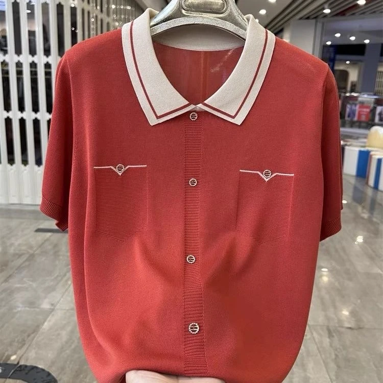 针织t恤女夏季薄款洋气大码宽松显瘦polo娃娃领正肩短袖冰丝上衣