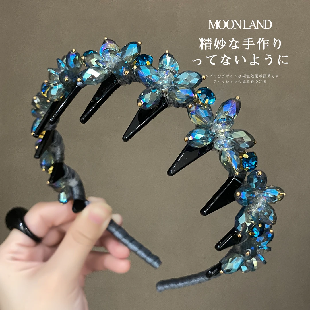 波浪水晶花朵发箍女款高级感轻奢发卡高颅顶日常外戴洗脸带齿头箍