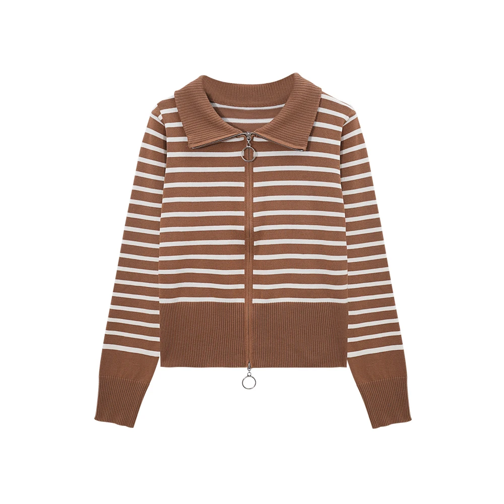 A 70056:双拉链针织开衫女早秋季Polo翻领毛衣外套上衣