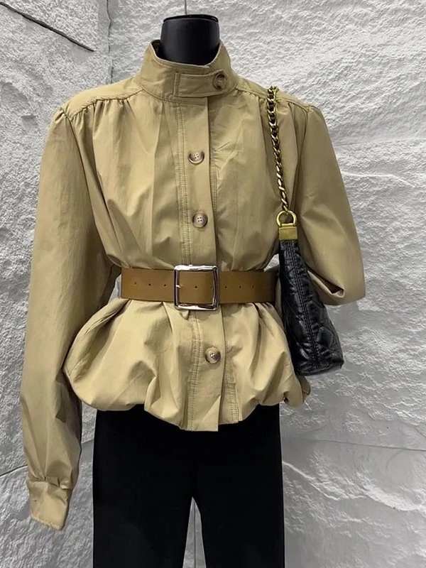 美式复古风设计感褶皱立领卡其色外套女2025秋季新款收腰显瘦上衣