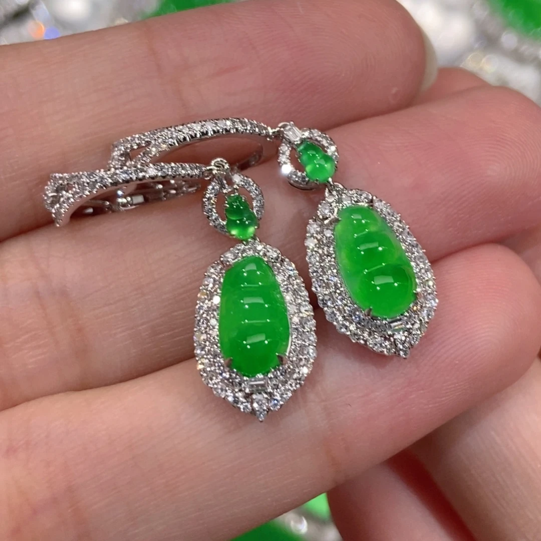 翡翠18K金镶嵌耳饰天然缅甸A货翡翠