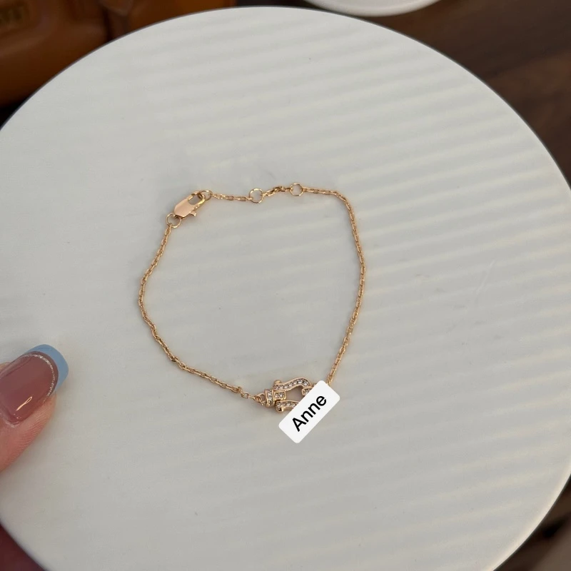 铜合金手链 玫瑰金色马蹄扣镶锆U型手链【S310】