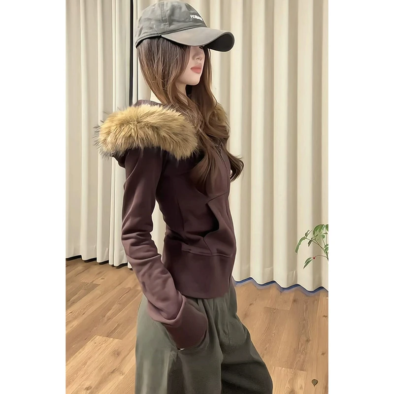 美式复古高街毛领短款连帽卫衣女早冬季修身收腰韩系慵懒开衫外套