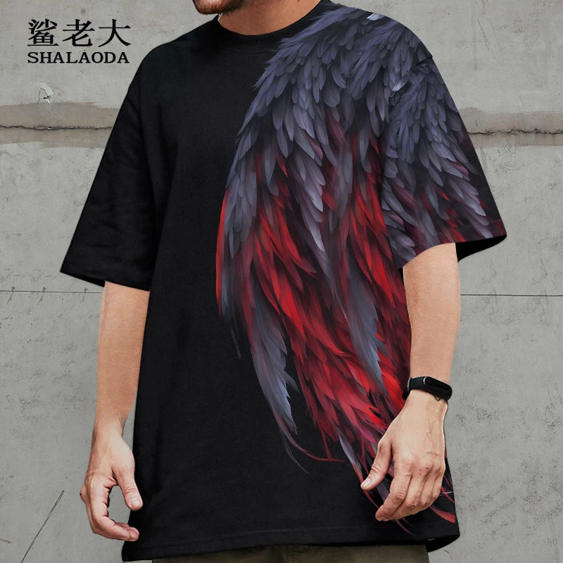 落肩短袖T恤男翅膀印花夏季薄款圆领半截袖oversize潮牌ins体恤衫