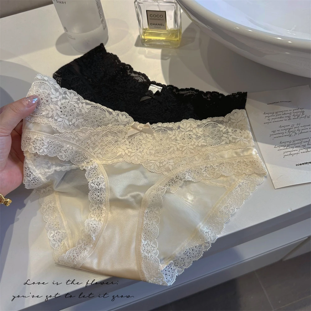 法式缎面蕾丝性感女士内裤半透纯欲风甜美低腰包臀三角裤舒适