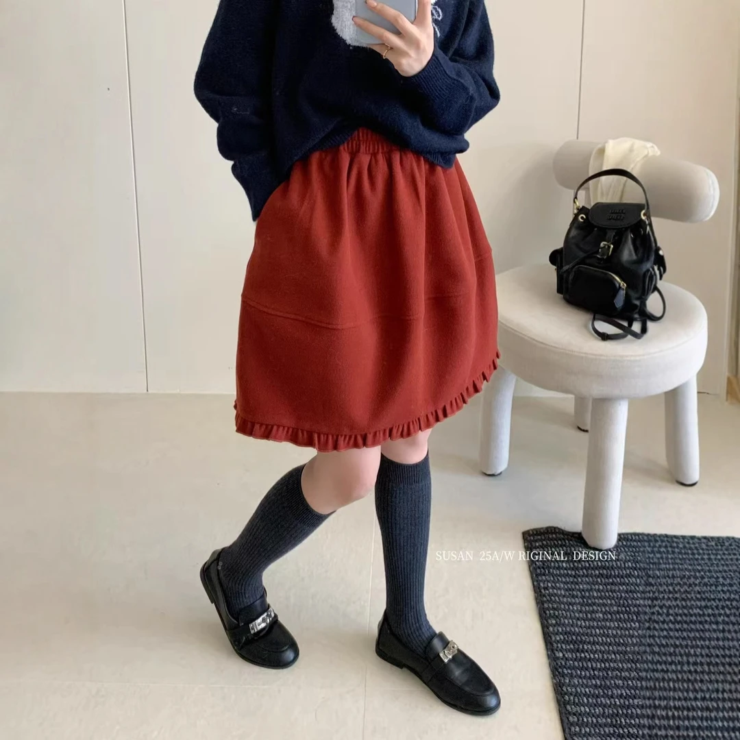 苏珊甜美木耳边拼接纯色毛呢半身裙女高腰宽松显瘦a字短裙MW3726