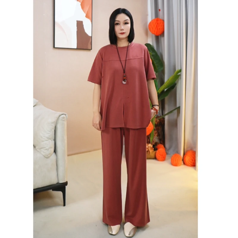 大码妈妈装天丝套装加宽加大遮肚子显瘦上衣气质减龄阔腿裤两件套