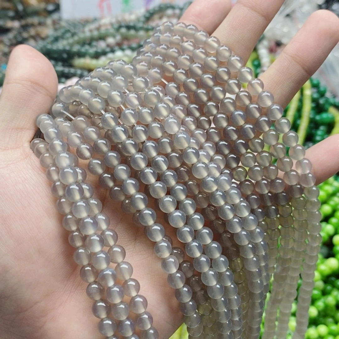 玛瑙/玉髓未镶嵌珠宝半成品一条天然6mm灰玛瑙圆珠A级