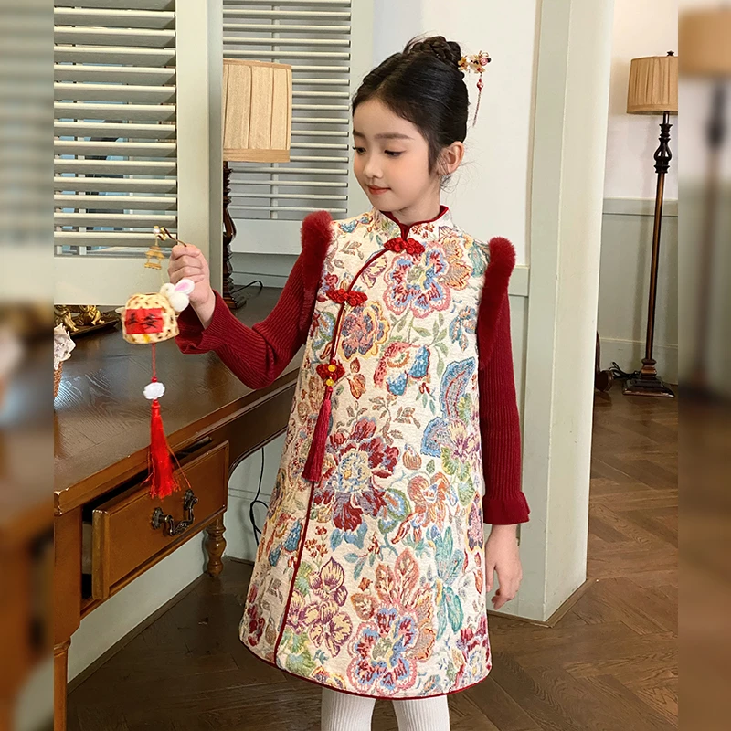 女童红色年服夹棉汉服背心裙冬季2025新款儿童国风新中式拜年服