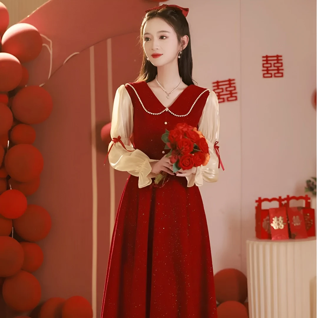 敬酒服新娘结婚订婚高级感酒红色长袖礼服连衣裙女回门便装小个子