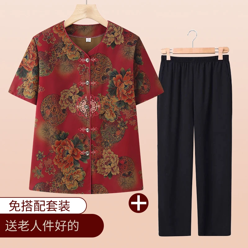 洋气妈妈装短袖T恤中老年人夏装女上衣奶奶装时尚小衫老太太套装