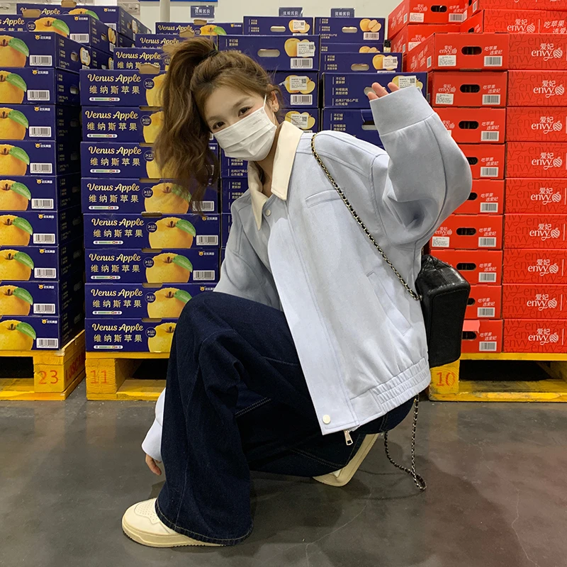 设计感蓝色减龄休闲短外套女2025春季新款韩系小个子宽松夹克上衣