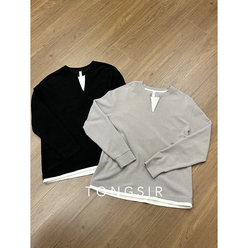 TINGSIR 春季小毛圈棉混纺肌理感叠片假两件长袖T恤休闲卫衣男士