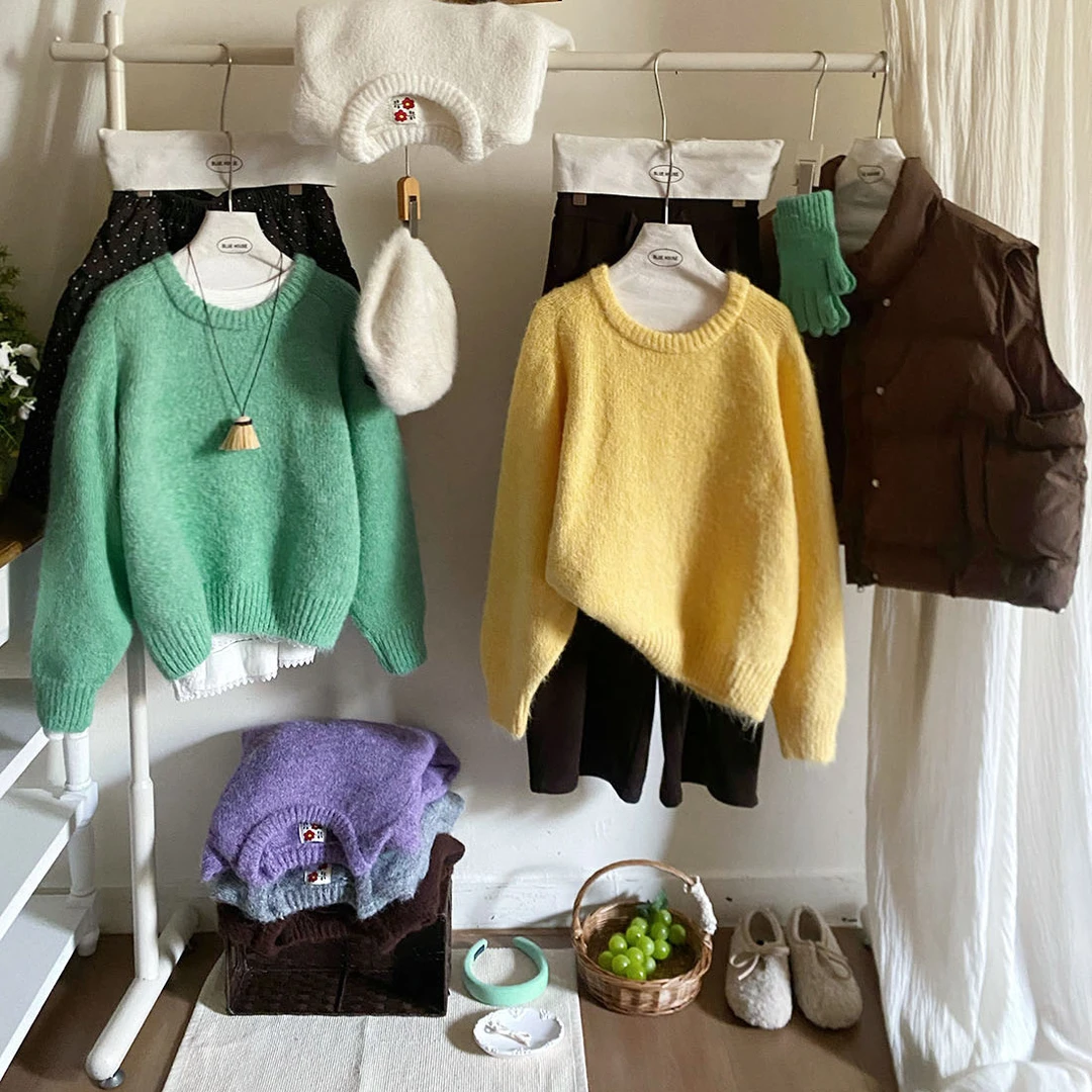 毛绒感韩国碧水绿鸡蛋黄圆领套头毛衣女冬加厚温柔超美针织衫上衣