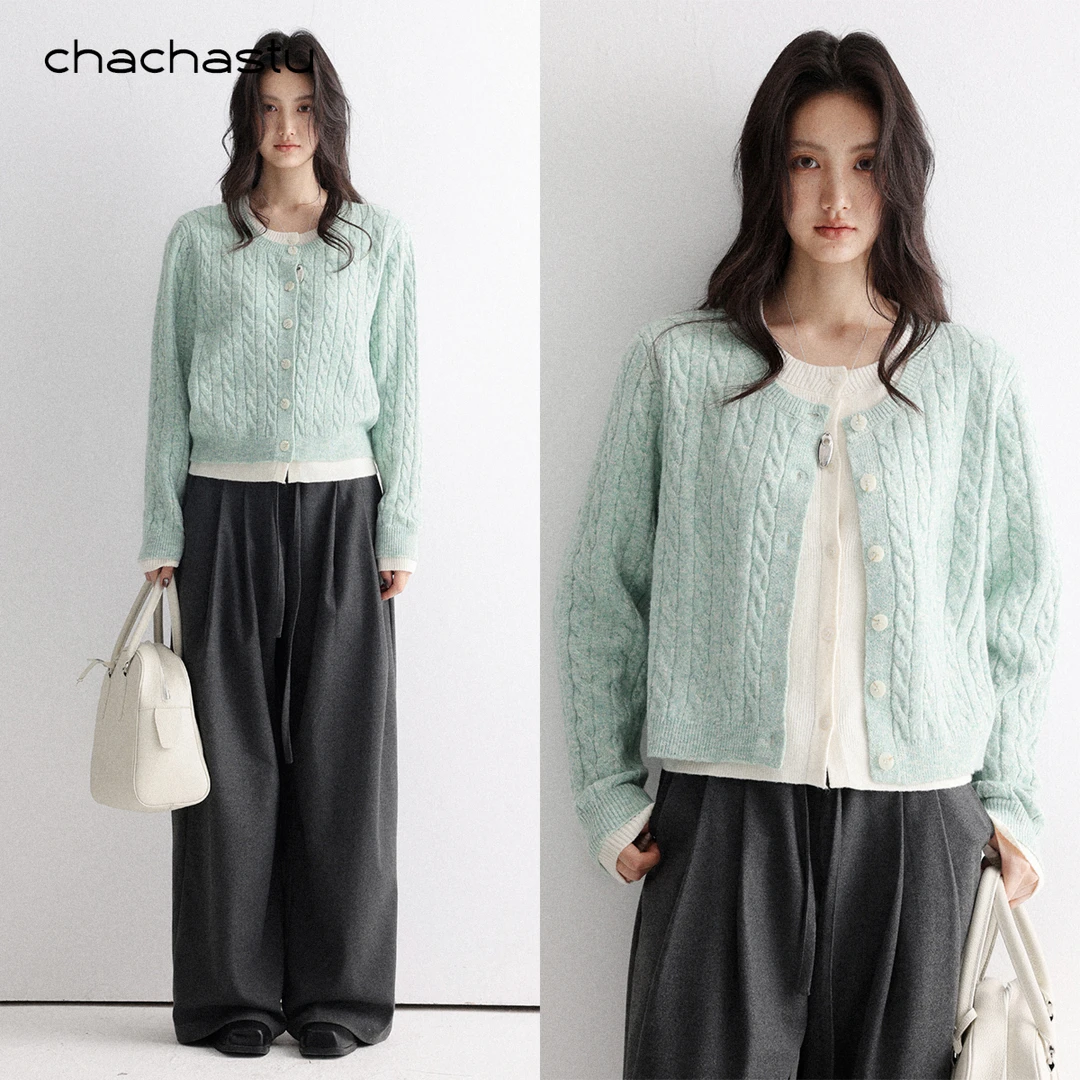 CHACHASTU软糯百搭假两件圆领针织开衫秋冬显瘦保暖毛衣F23698