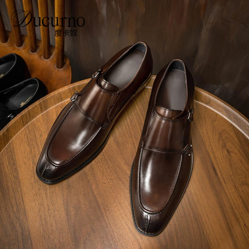男士正装鞋手工高端男士真皮正装孟克皮鞋韩版潮流尖头牛皮西装鞋