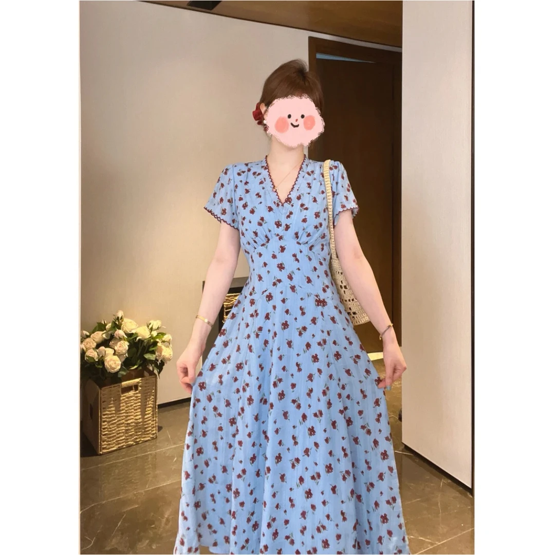 法式显瘦气质收腰复古碎花裙子夏季韩系百搭中长款连衣裙女