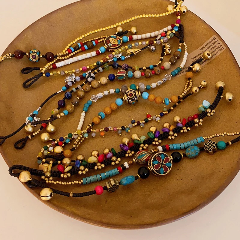 合金手链 新中式彩色米珠铃铛编织绳文艺复古手串民族风百搭手饰