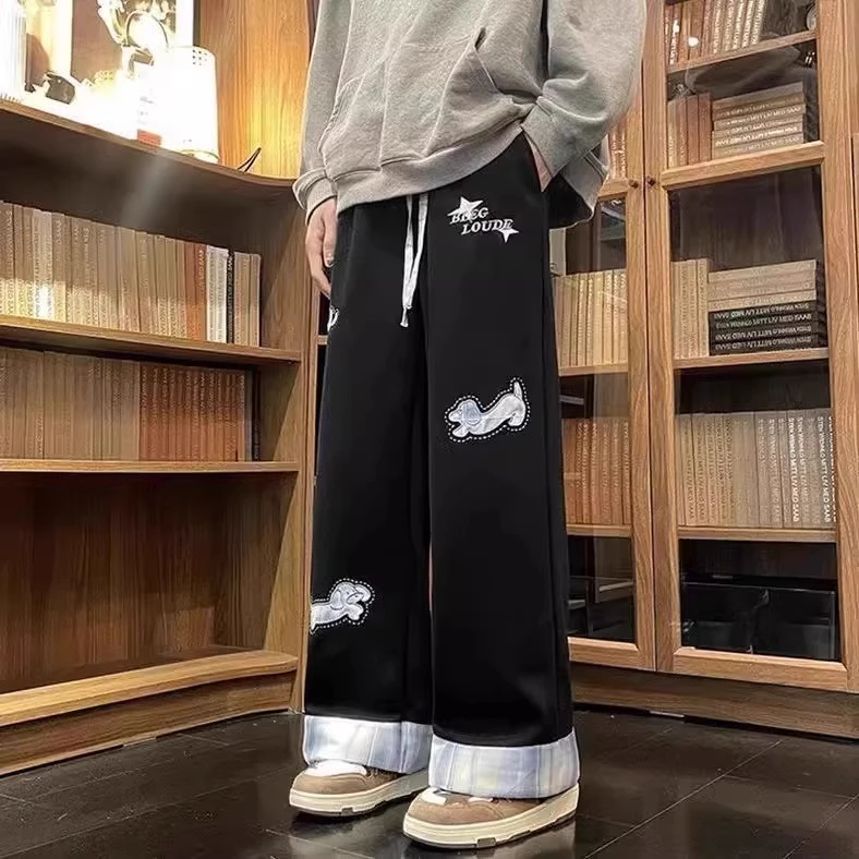 特大码300斤可爱小狗贴布撞色卷边格子休闲裤美式宽松直筒阔腿裤