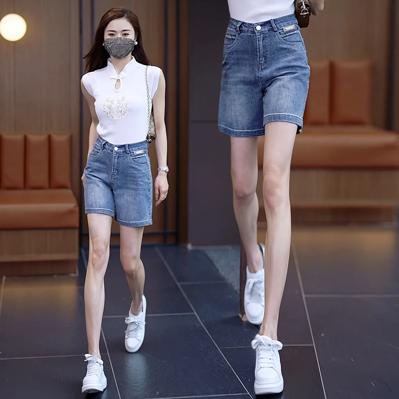 弹力薄款五分牛仔阔腿短裤女2025夏季新款高腰显瘦设计感直筒中裤