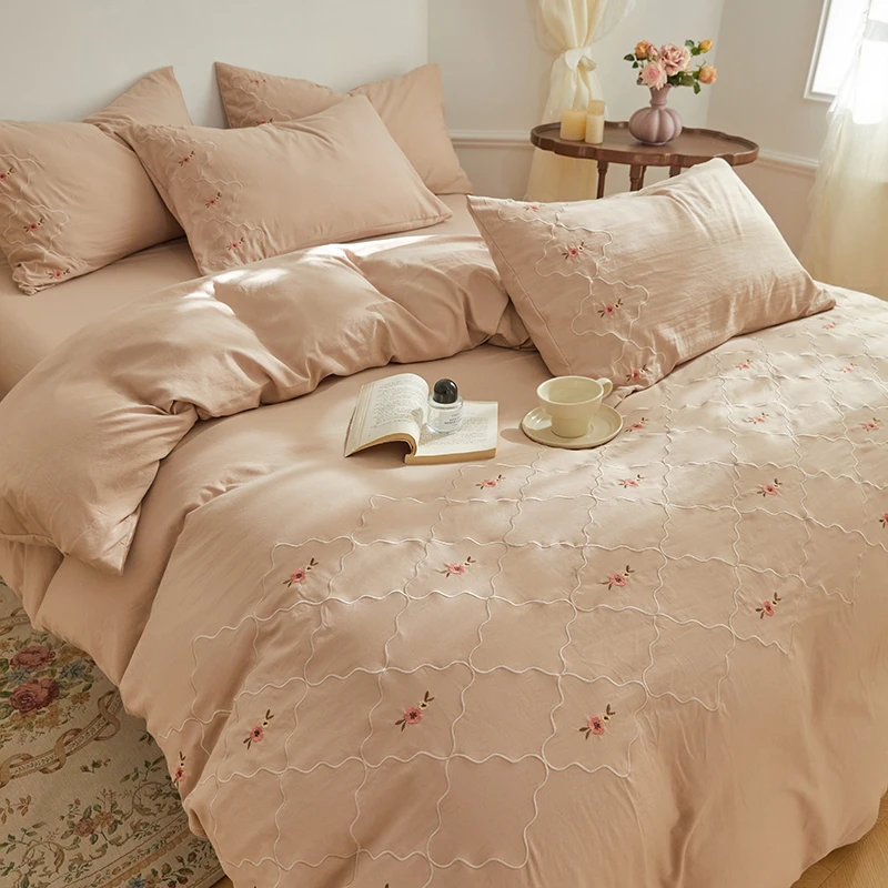 A类母婴级水洗棉四件套高级感刺绣柔软被套床单人床上用品三件套4