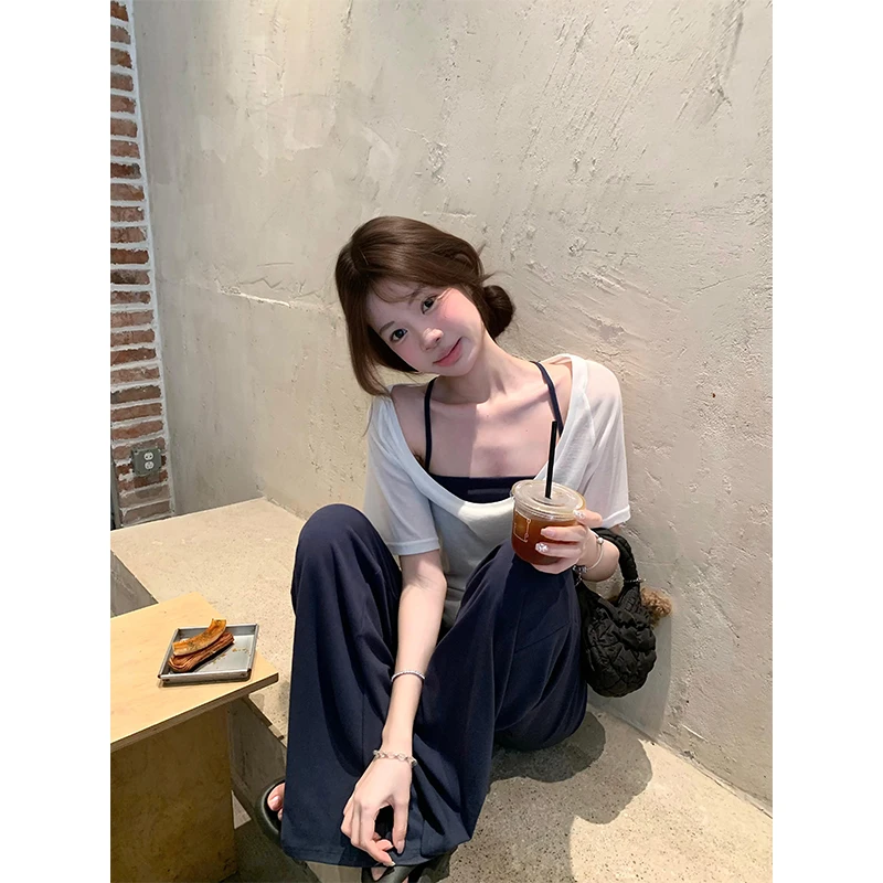 2025新款女士夏季韩系纯欲挂脖吊带叠穿宽松T恤上衣高腰休闲裤