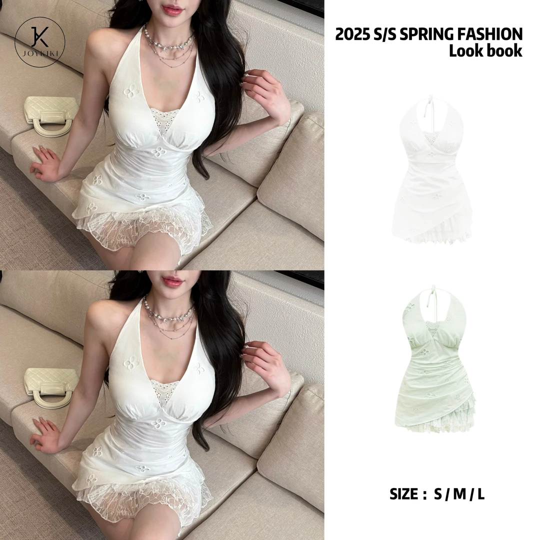 JOY KIKI金金【纯白盛夏】纯欲甜美日常挂脖蕾丝收腰连衣裙J25A521