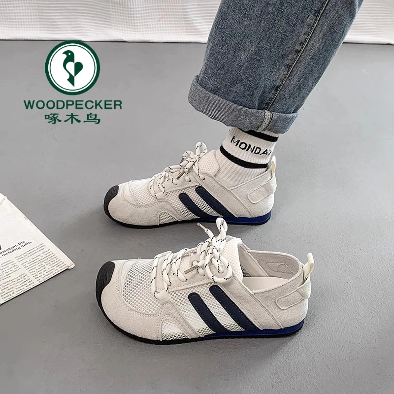 啄木鸟网面小白鞋2025夏季平底复古透气轻便德训鞋软底运动阿甘鞋