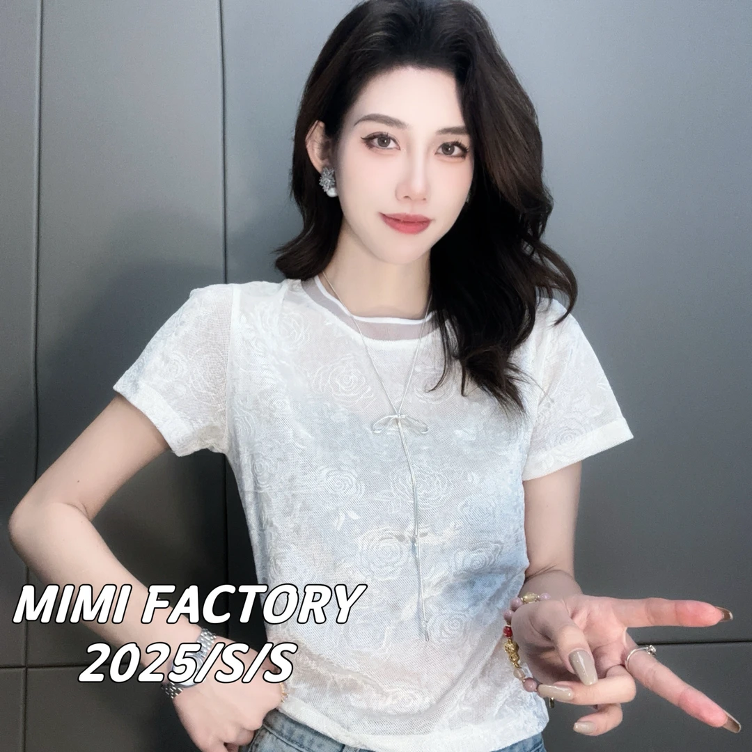 芈芈 2025新款短袖 欧货蕾丝花朵短袖T恤女修身时尚百搭上衣4717#