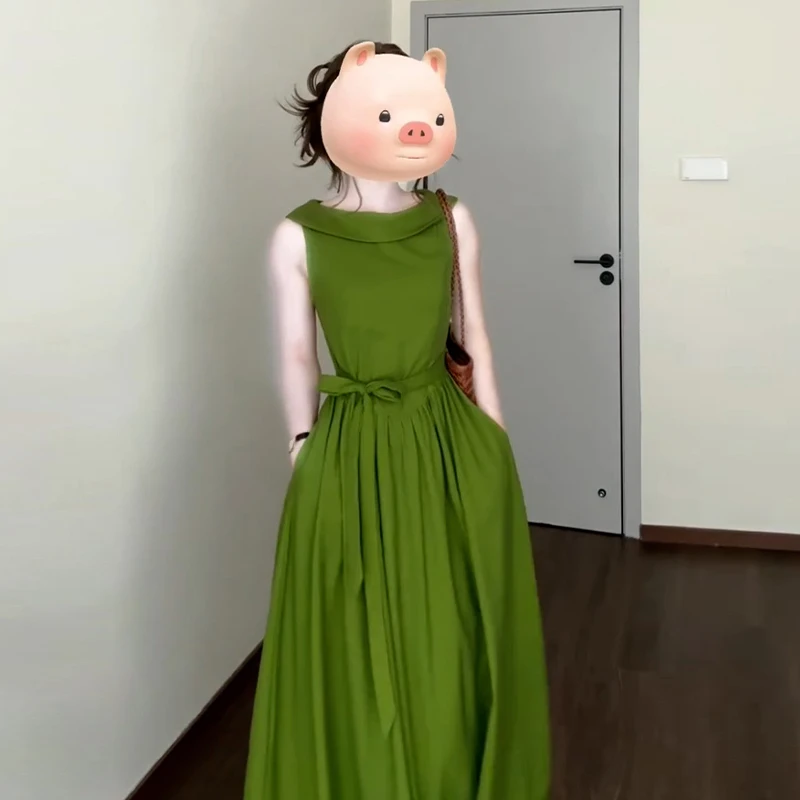 法式茶歇绿色无袖连衣裙子女夏季新款度假风独特漂亮掐腰长裙3309