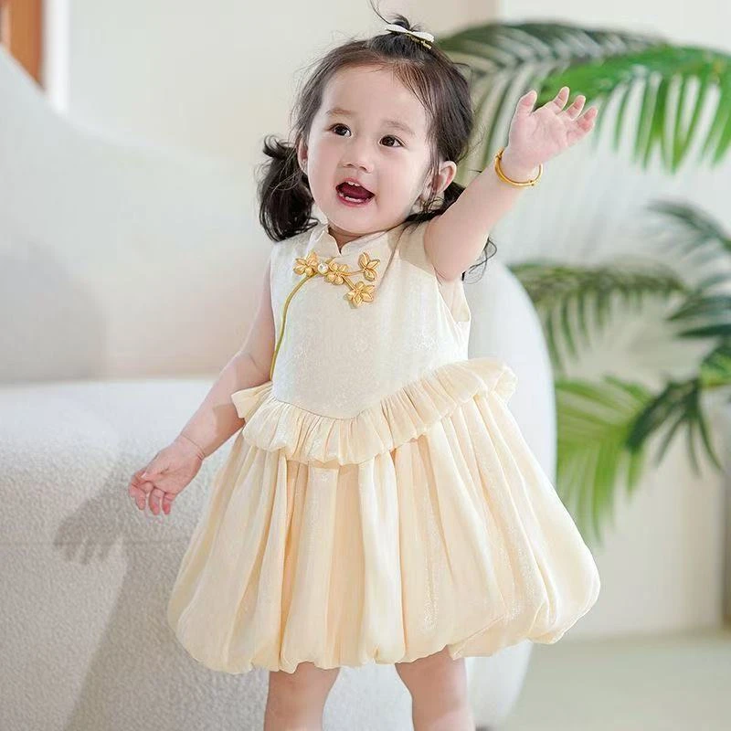 婴儿夏季新中式薄款公主裙国风百天周岁抓周外出服洋气连体衣