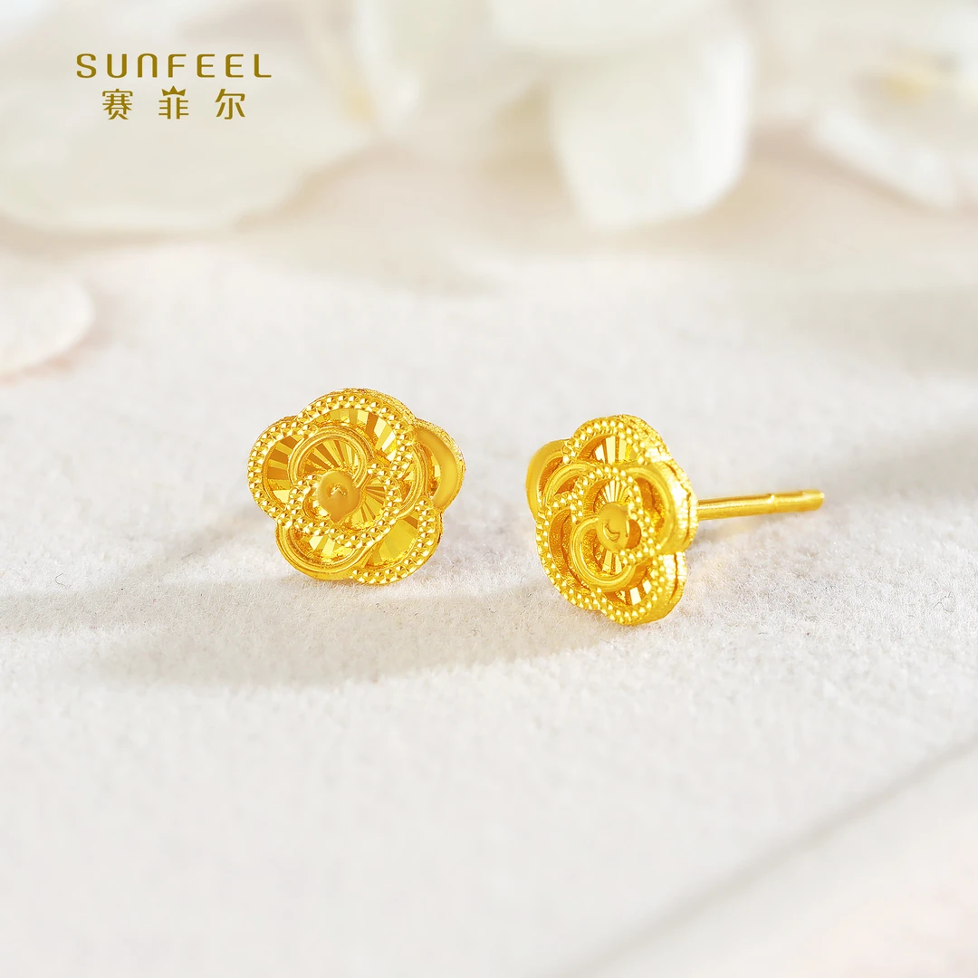 SUNFEEL/赛菲尔【四店】 足金5G金时尚玫瑰花直针耳钉5GE00854