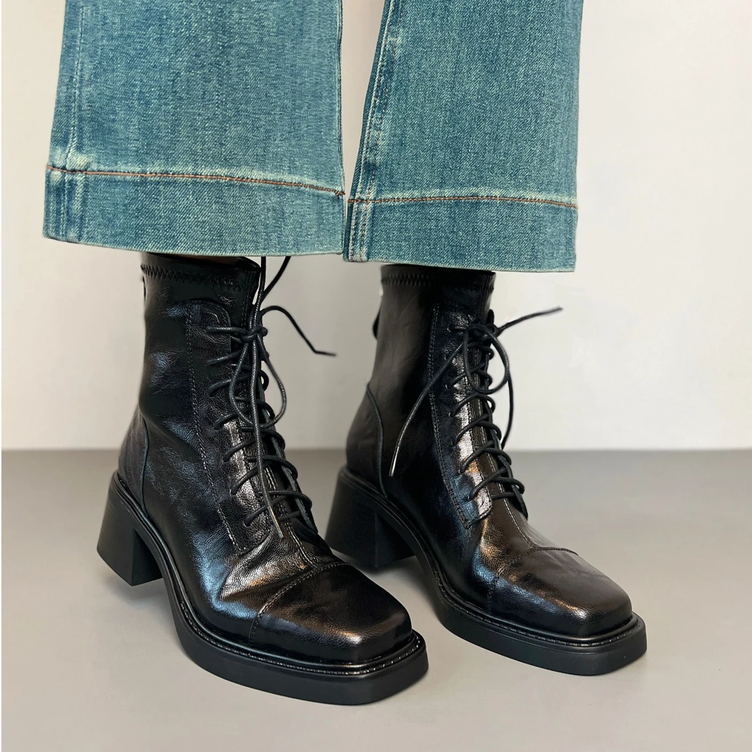 羊皮版~通勤百搭系带马丁靴5.5厘米方头粗跟短靴防水台显瘦靴子女