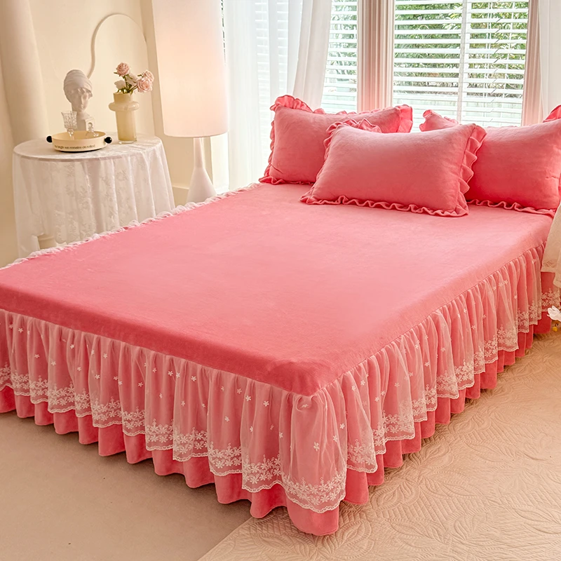 冬季床品套件绣花保暖床裙四件套牛奶绒公主风纯色花边