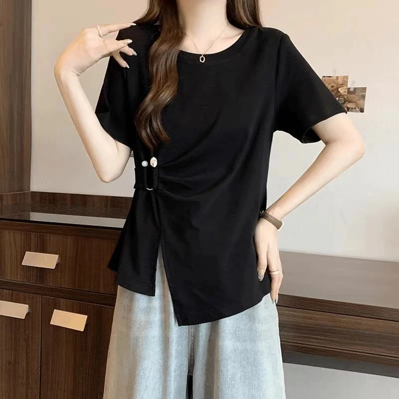 正肩短袖T恤女夏季新款大码胖mm设计感别致不规则遮肚子显瘦上衣