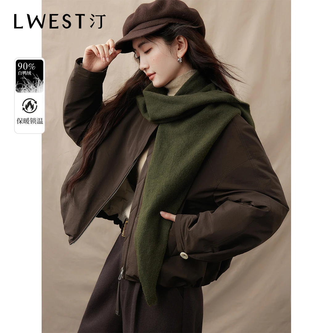 H朗文斯汀圆领咖色羽绒服2025冬新款法式复古白鸭绒夹克短外套