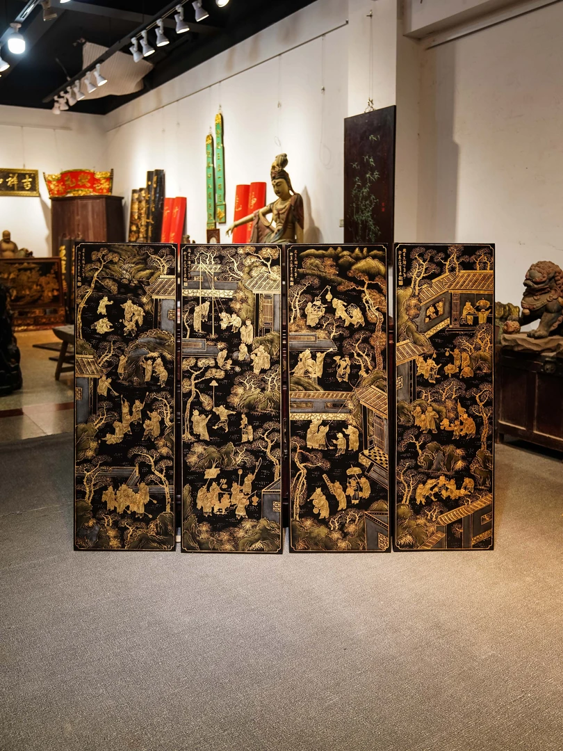 实木雕刻百子嘻春描金漆画挂屏店面门头客厅装饰品