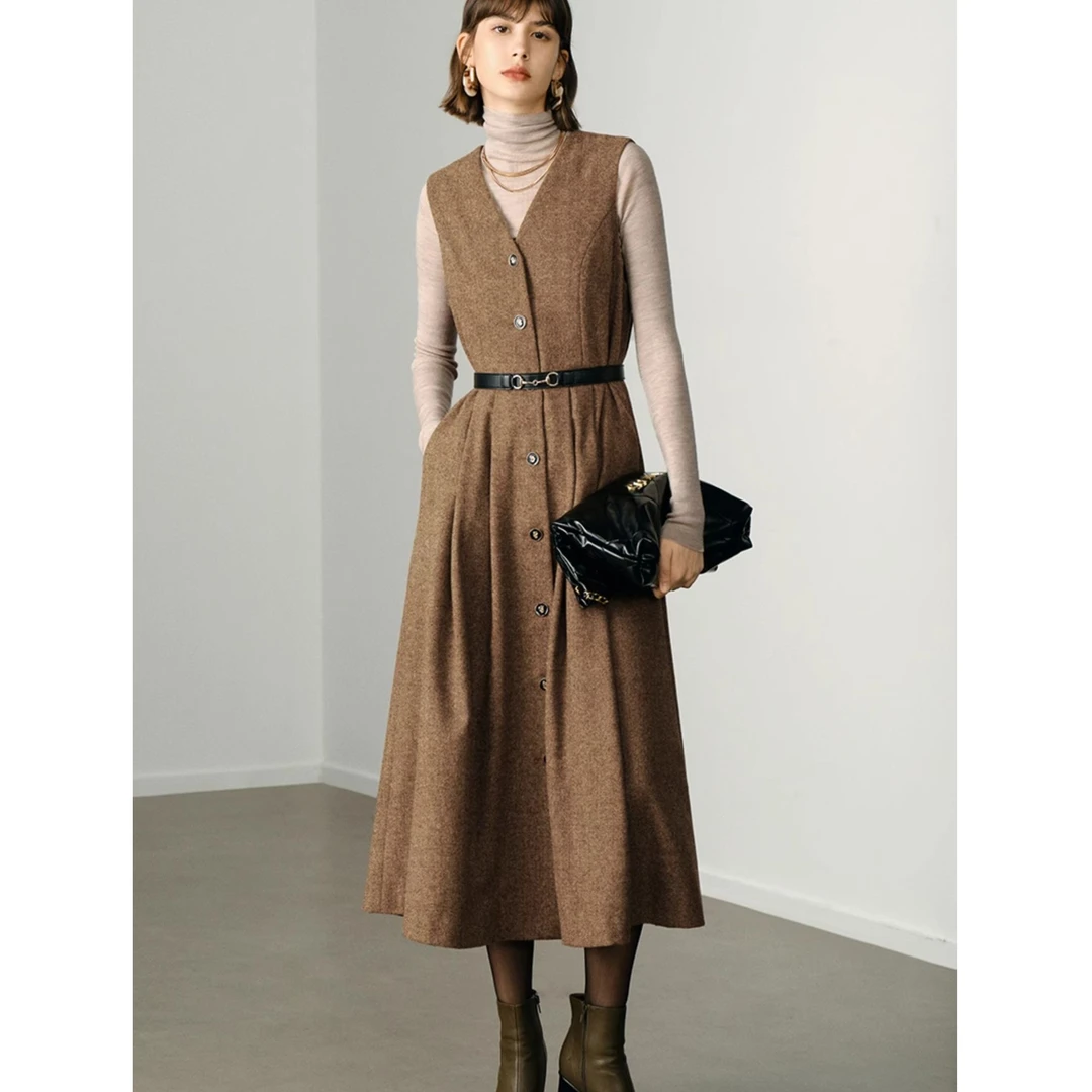 【籽言专属】颜域毛呢中长款V领连衣裙冬装大码女装2024年新款裙