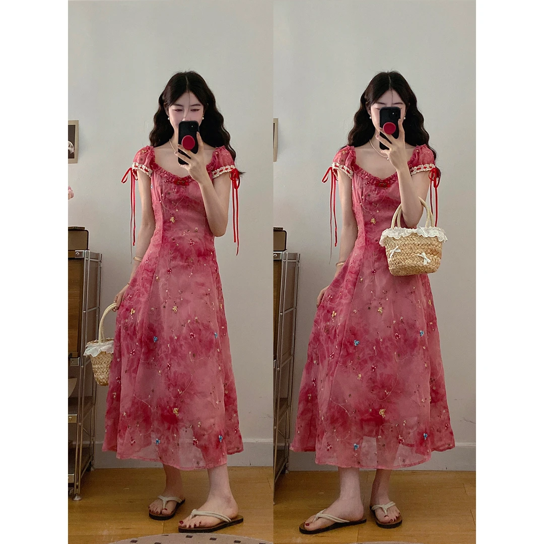 实拍～大码女装玫红色扎染刺绣长款方领收腰吊带连衣裙夏法式裙子