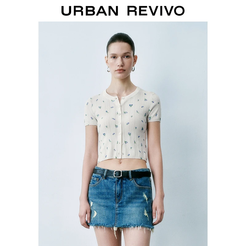 【一秒入夏】UR2025夏季新款女撞色碎花短袖针织开衫UYU950109