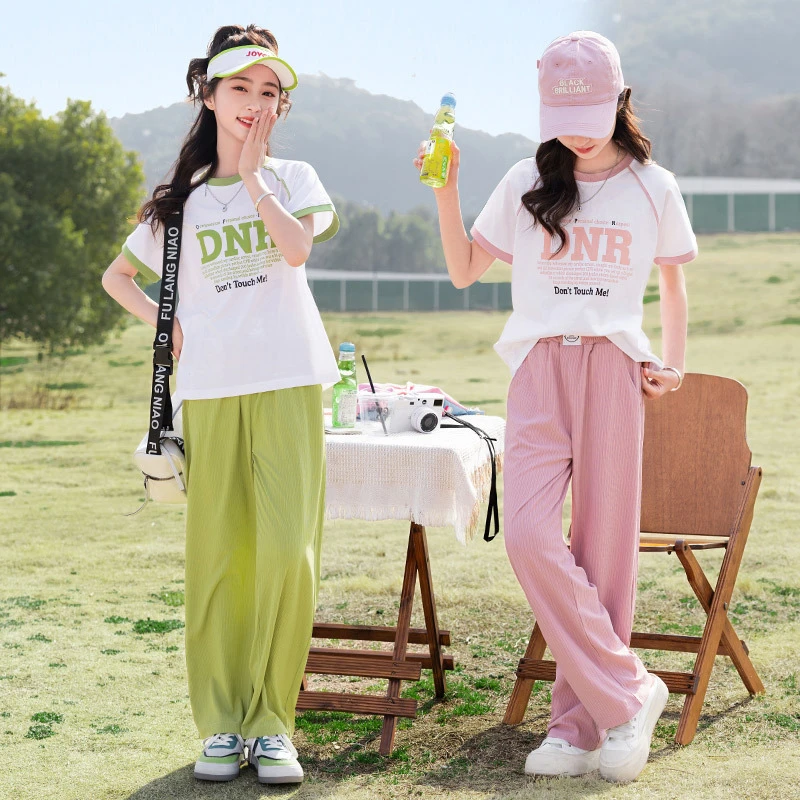 2025年夏季中大童休闲套装针织短袖女童裤套装双色可选一件代发