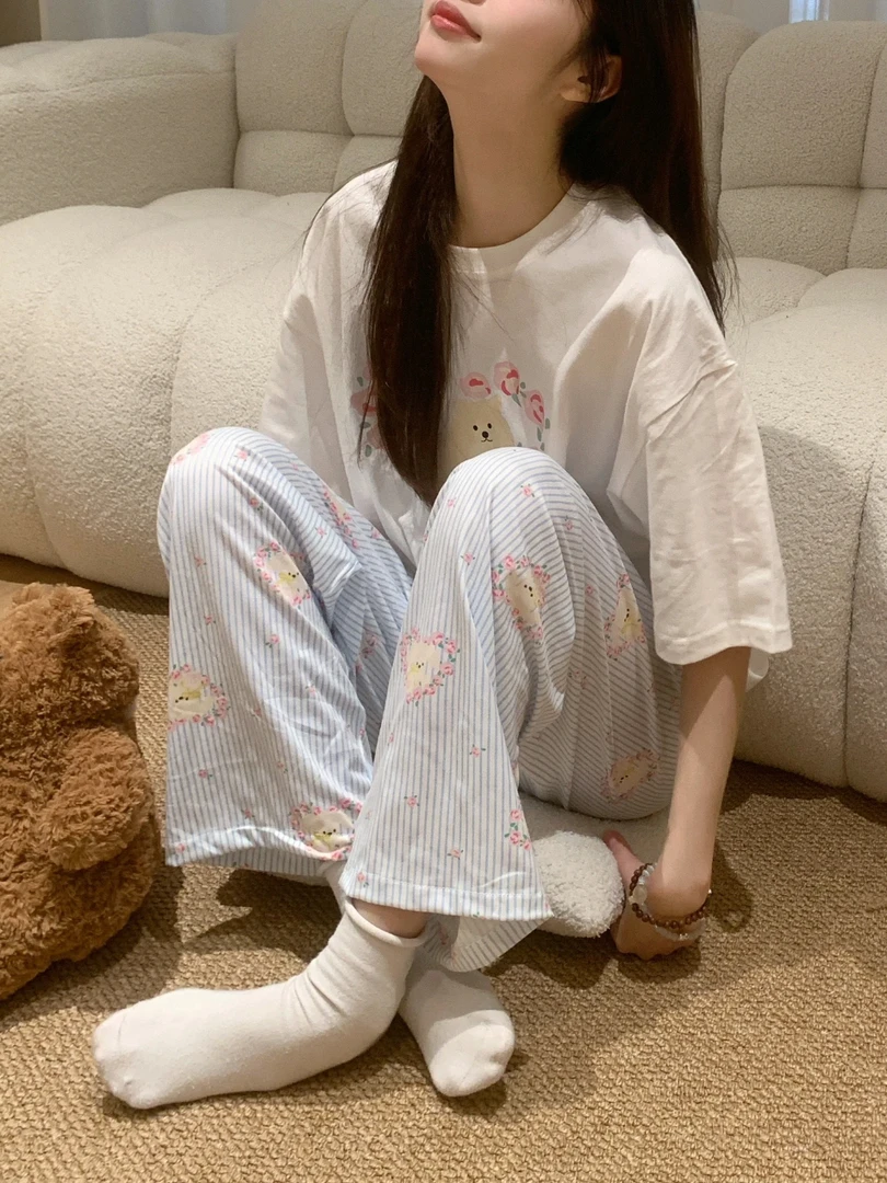 可爱卡通小狗T恤短袖睡衣女春夏季新款宽松休闲家居服套装可外穿