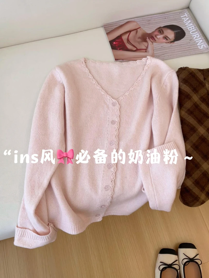 法式温柔风粉色v领针织开衫女2025早秋新款女装软糯甜美毛衣外套