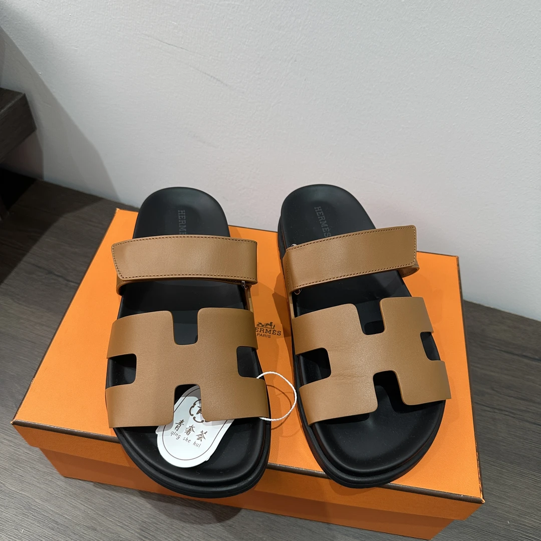 95新 Hermes/爱马仕 青奢荟/38码/H棕色二舅拖魔术贴拖鞋///68015