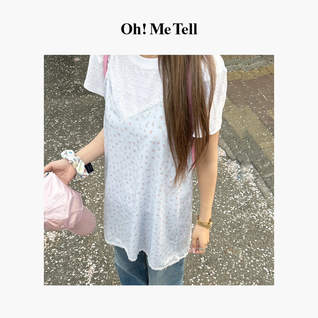 Oh！Me Tell【夏日浪漫】清新甜美V领蕾丝花边碎花吊带连衣裙女