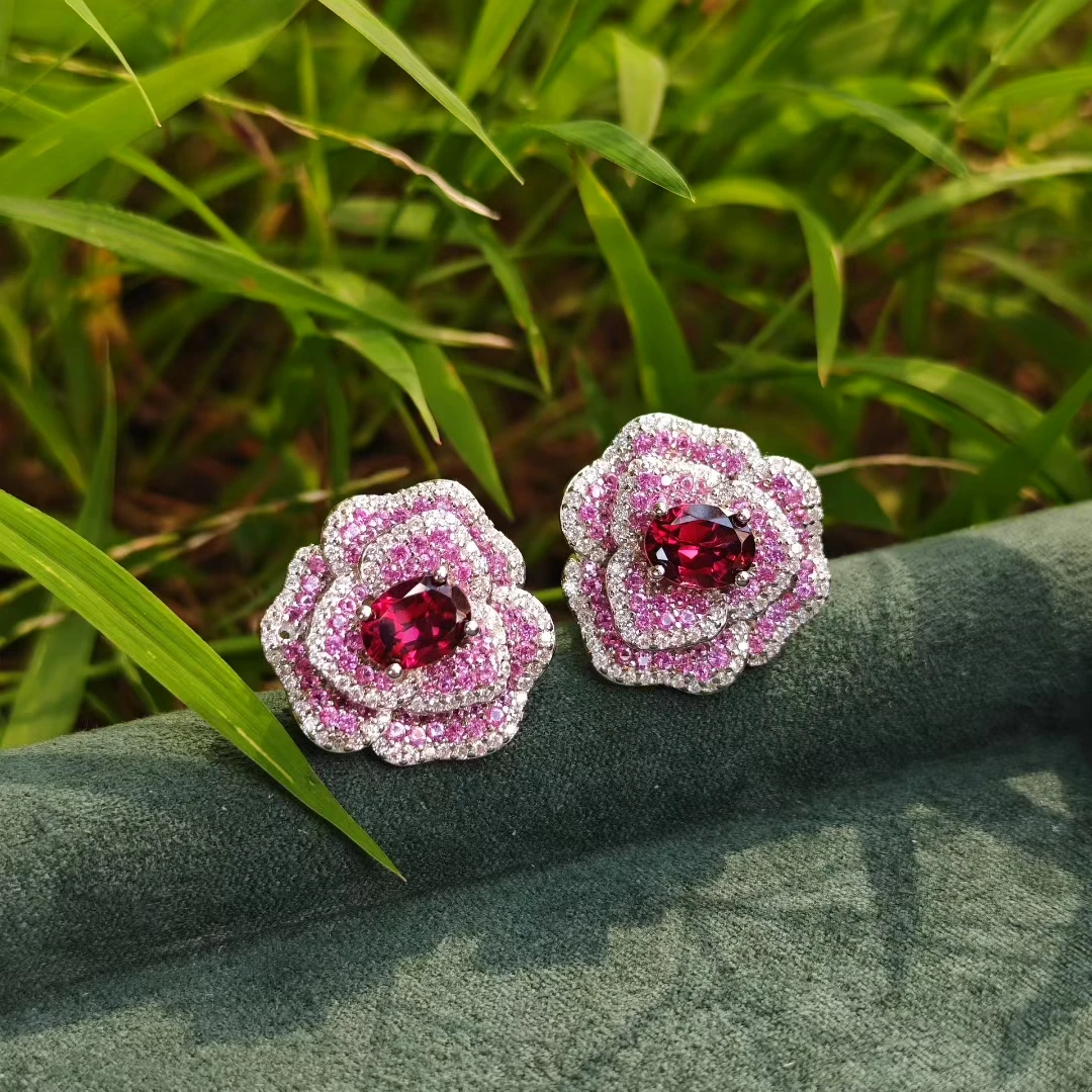 天然石榴石耳环925银镶嵌高端宝石耳钉女气质时尚送女友妈妈礼物